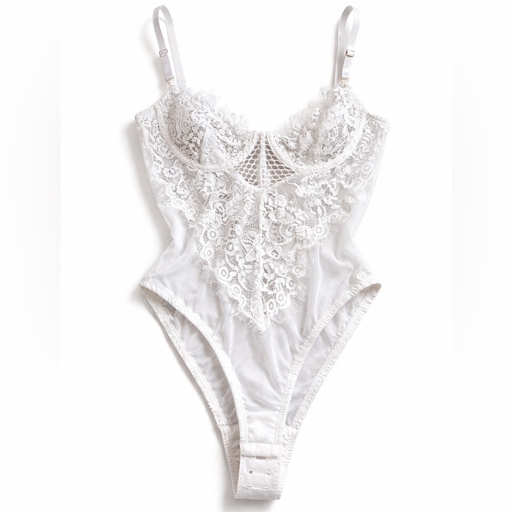 Aria White Lace Mesh Bodysuit Underwire Floral Lingerie Medium